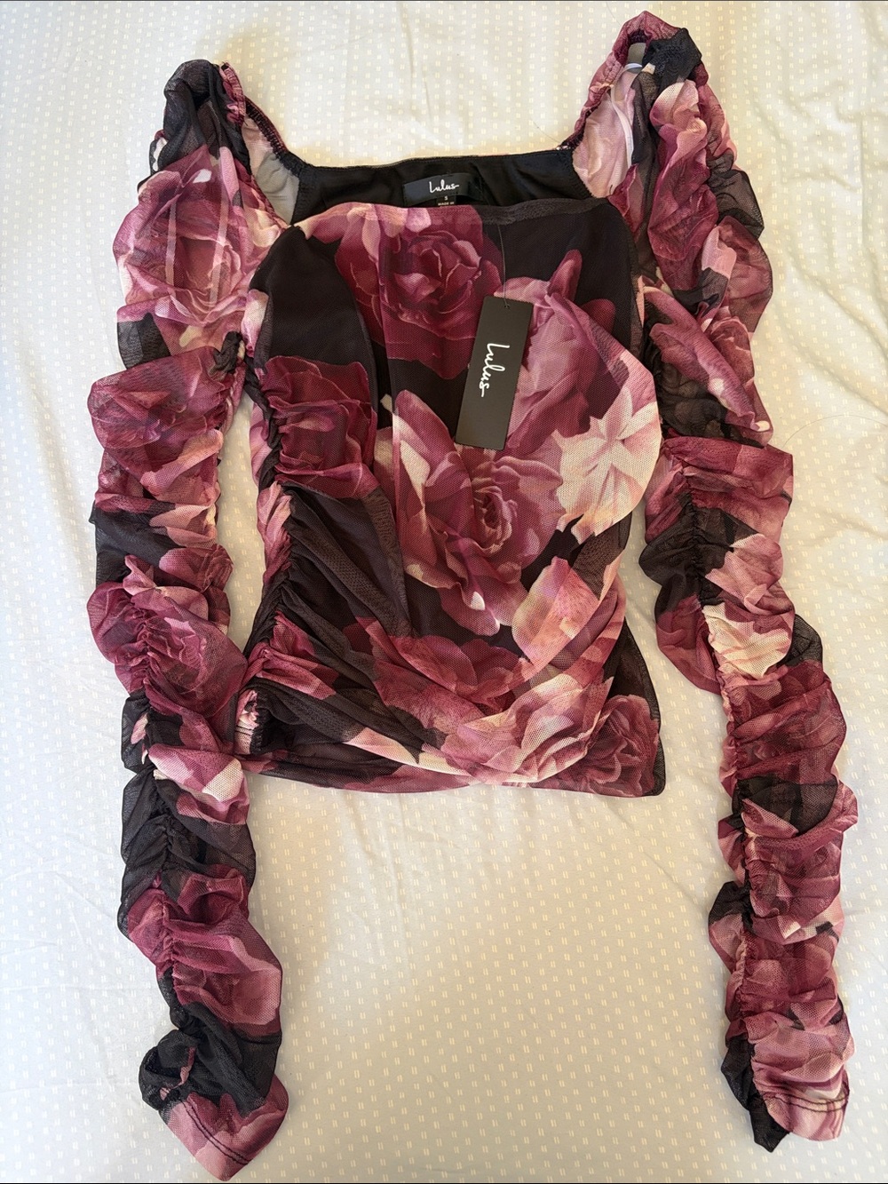 Lulu's Black and Burgundy Rose Mesh Ruched Long-Sleeve Top